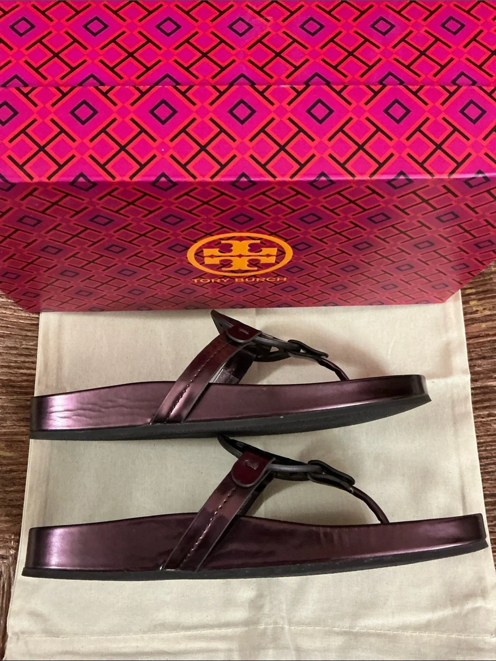 Tory Burch Metallic Merlot Logo Jelly Thong Sandals